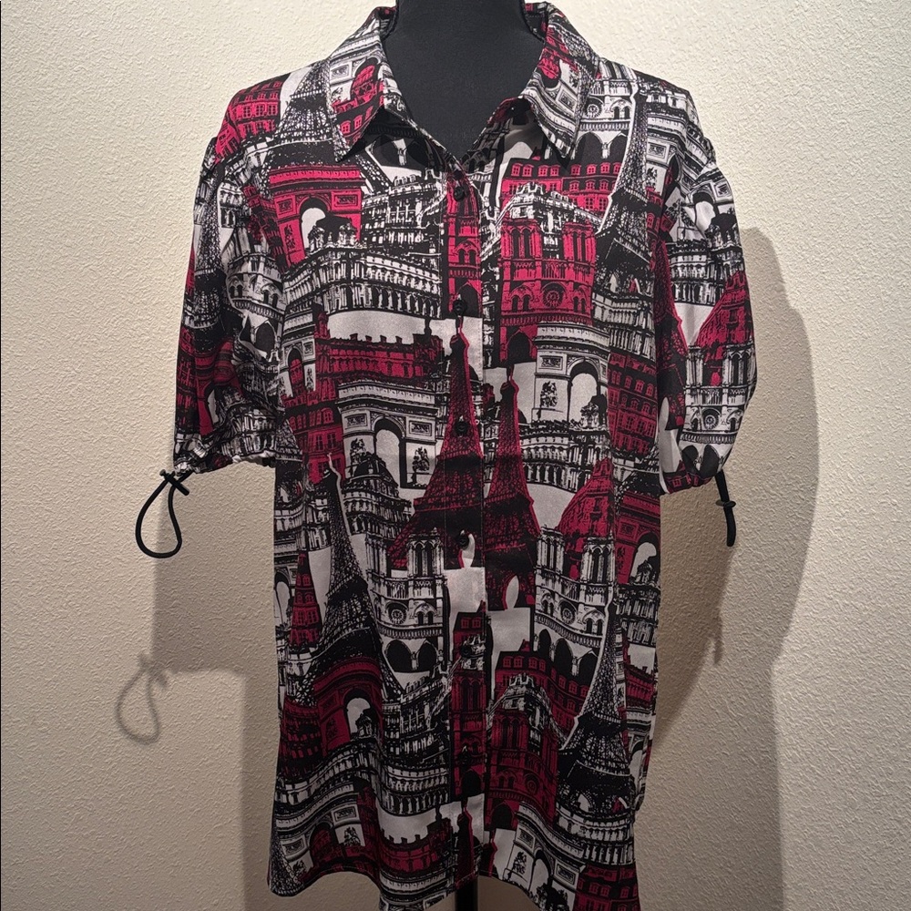 Karl Lagerfeld Fuchsia and Black Graphic Button Down Short Sleeve Shirt